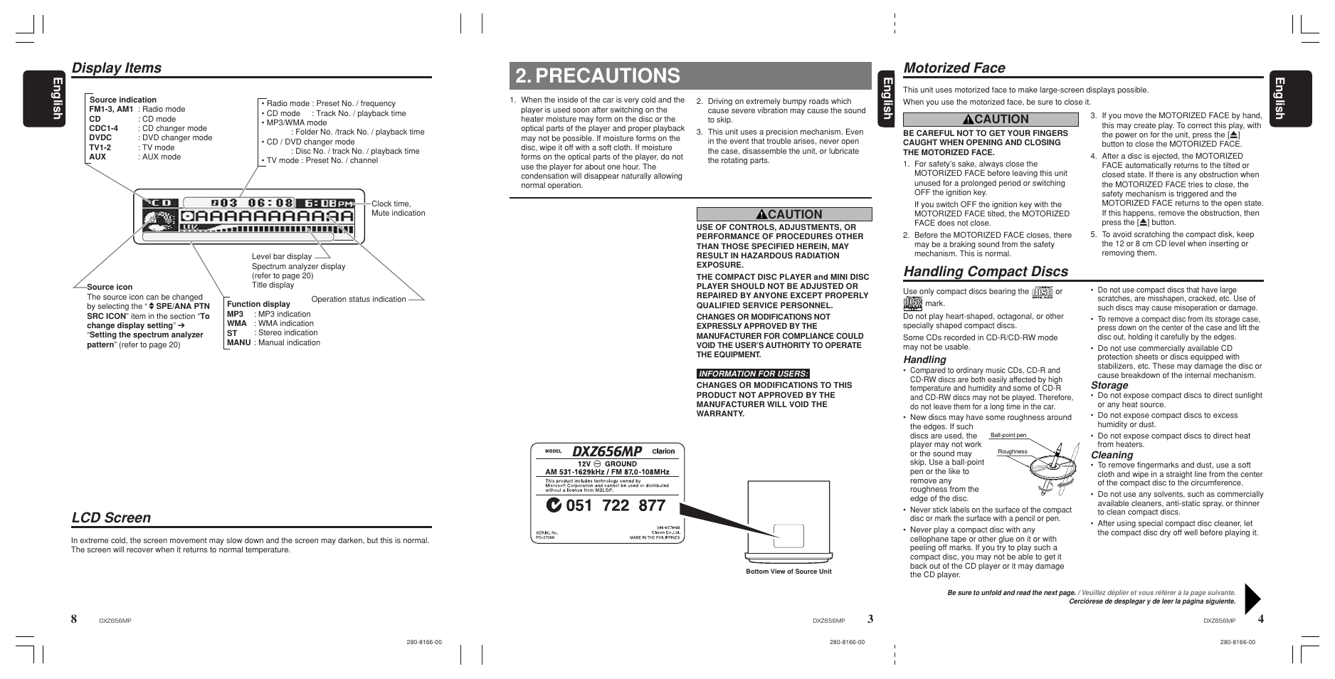 Motorized face, Handling compact discs, Precautions | Lcd screen, Display items motorized face, 4english english english, Caution | Clarion DXZ656MP User Manual | Page 4 / 29