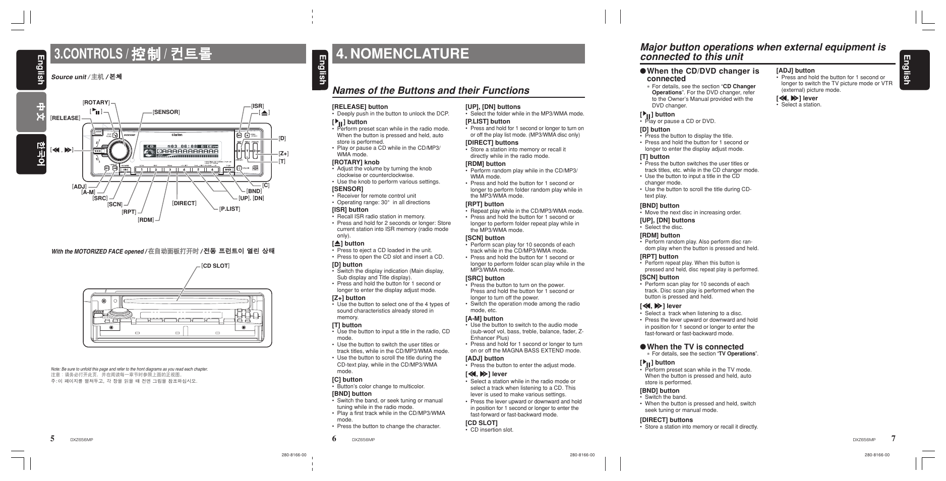 Nomenclature, Names of the buttons and their functions, Controls | English | Clarion DXZ656MP User Manual | Page 6 / 29