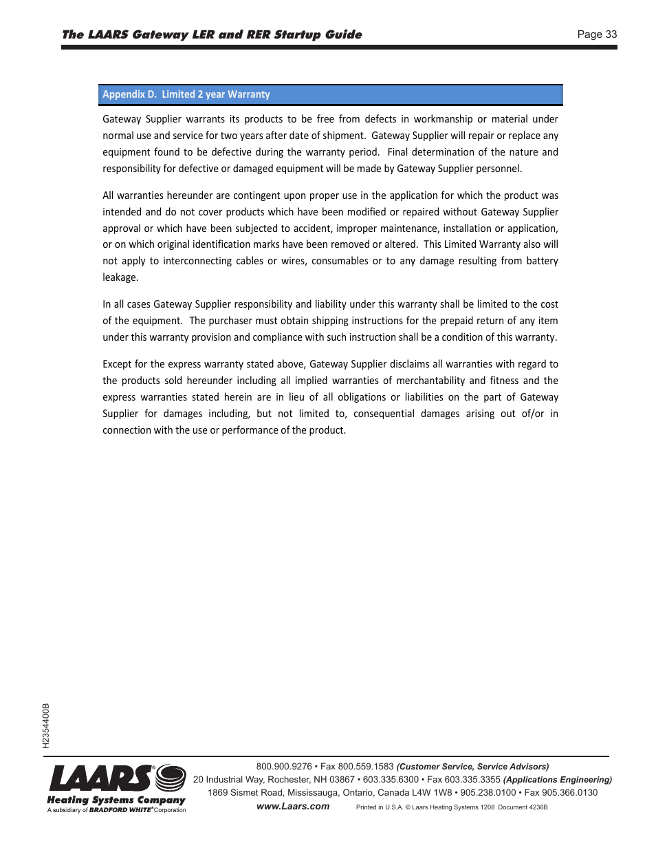 LAARS Gateway LER - Manual User Manual | Page 33 / 33