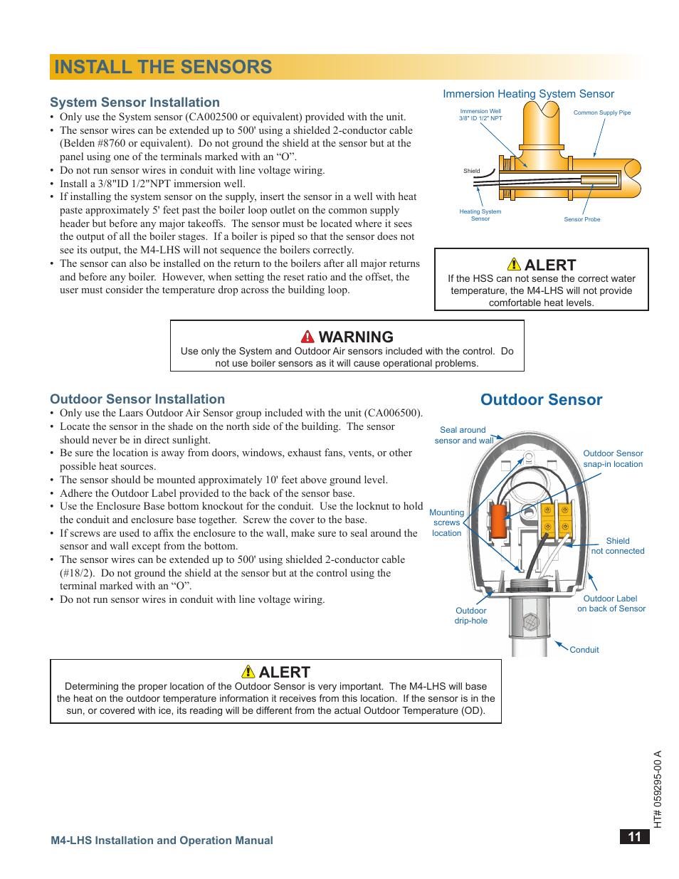 Install the sensors, System sensor installation, Outdoor sensor installation | Strap-on sensor immersion sensor, Outdoor sensor, Alert, Warning, Conduit well sensor in well | LAARS M4-LHS - Installation Manual User Manual | Page 11 / 55
