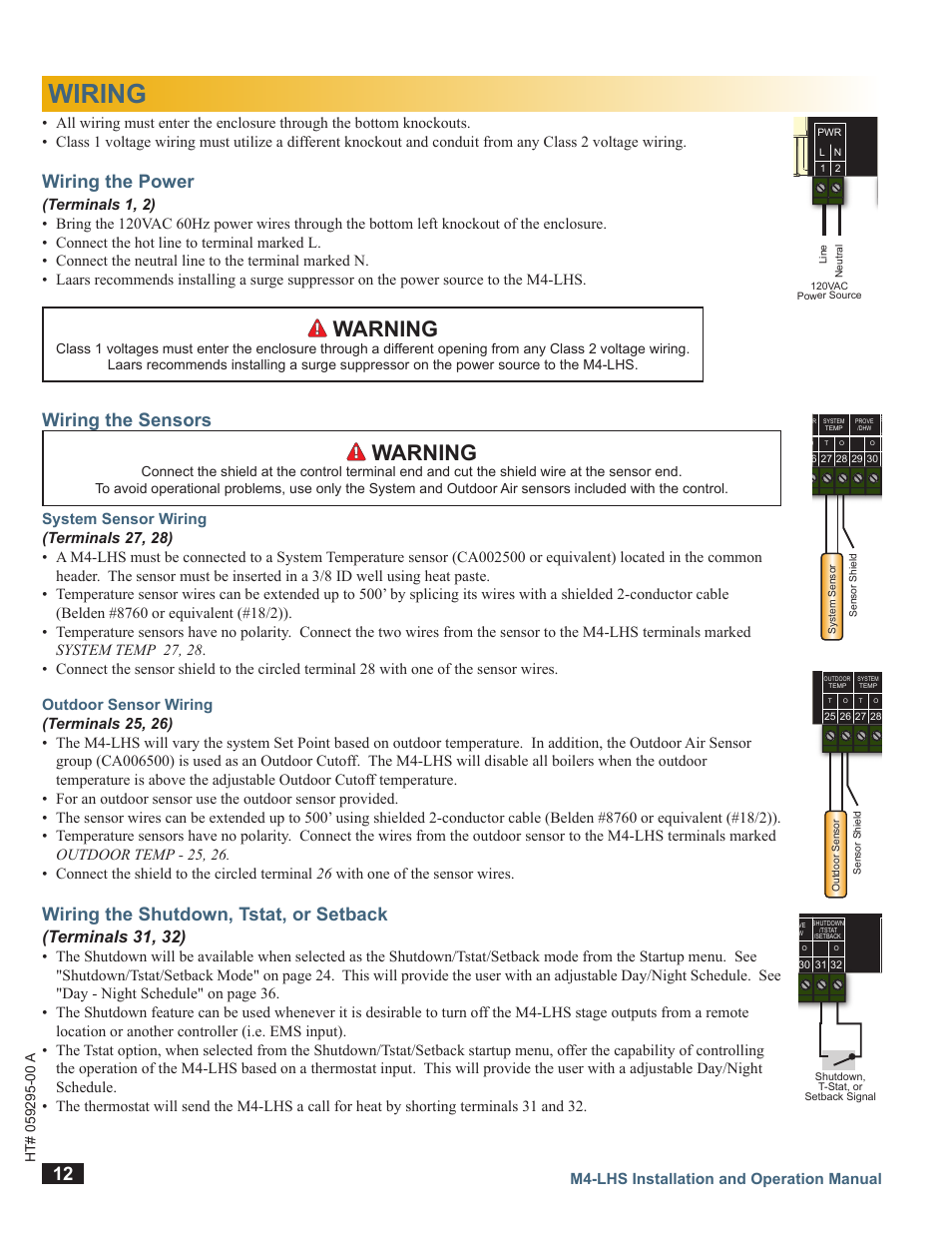 Wiring, Wiring the power, Wiring the sensors | Wiring the shutdown, tstat, or setback, M4-lhs, Warning, Terminals 31, 32), A b c d, M4-lhs installation and operation manual, Hybrid control | LAARS M4-LHS - Installation Manual User Manual | Page 12 / 55