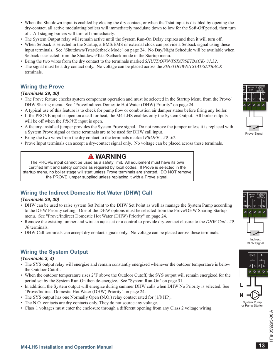 Wiring the prove, Wiring the indirect domestic hot water (dhw) call, Wiring the system output | M4-lhs, Warning, A b c d, Hybrid control, M4-lhs installation and operation manual, System | LAARS M4-LHS - Installation Manual User Manual | Page 13 / 55
