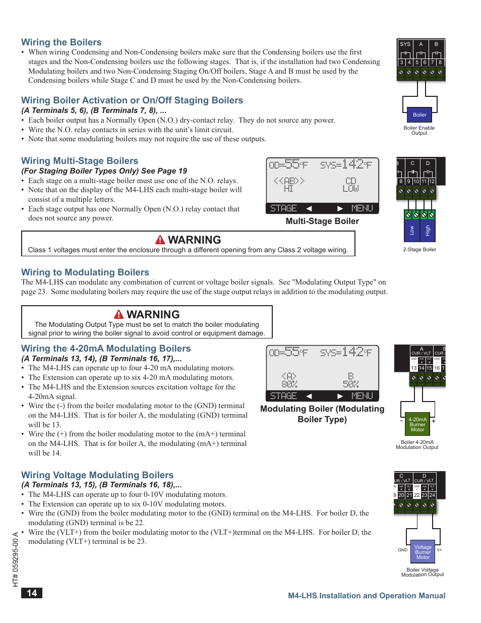 Wiring the boilers, Wiring boiler activation or on/off staging boilers, Wiring multi-stage boilers | Wiring to modulating boilers, Wiring the 4-20ma modulating boilers, Wiring voltage modulating boilers, M4-lhs, Warning, Multi-stage boiler, Modulating boiler (modulating boiler type) | LAARS M4-LHS - Installation Manual User Manual | Page 14 / 55