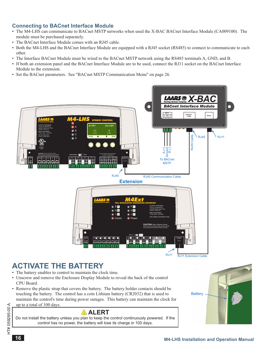 Connecting to bacnet interface module, Activate the battery, X-bac | Alert, M4-lhs, M4ext, Extension, M4-lhs installation and operation manual, Battery, Bacnet interface module | LAARS M4-LHS - Installation Manual User Manual | Page 16 / 55
