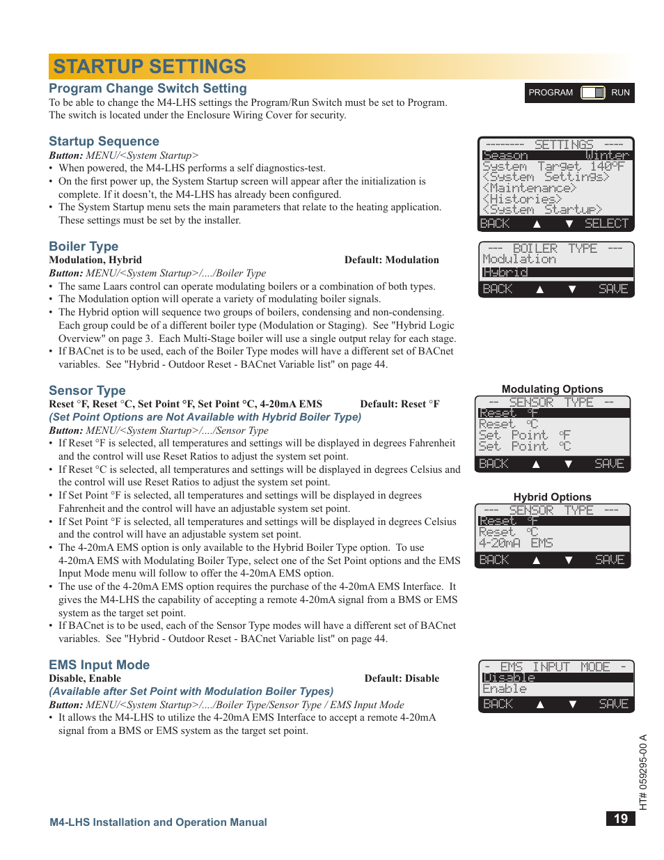 Startup settings, Program change switch setting, Startup sequence | Boiler type, Sensor type, Ems input mode, M4-lhs, A b c d, Hybrid control startup sequence | LAARS M4-LHS - Installation Manual User Manual | Page 19 / 55