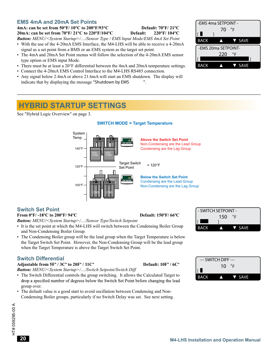 Hybrid startup settings, Ems 4ma and 20ma set points, Switch set point | Switch differential | LAARS M4-LHS - Installation Manual User Manual | Page 20 / 55