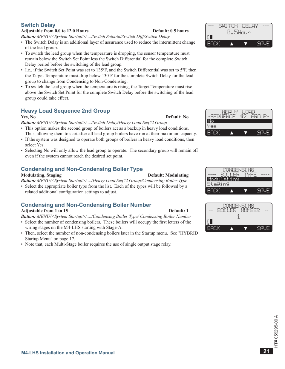 Switch delay, Heavy load sequence 2nd group, Condensing and non-condensing boiler type | Condensing and non-condensing boiler number | LAARS M4-LHS - Installation Manual User Manual | Page 21 / 55