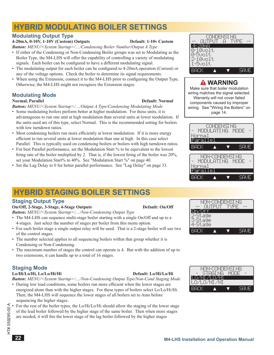 Hybrid modulating boiler settings, Modulating output type, Modulating mode | Hybrid staging boiler settings, Staging output type, Staging mode, Warning | LAARS M4-LHS - Installation Manual User Manual | Page 22 / 55