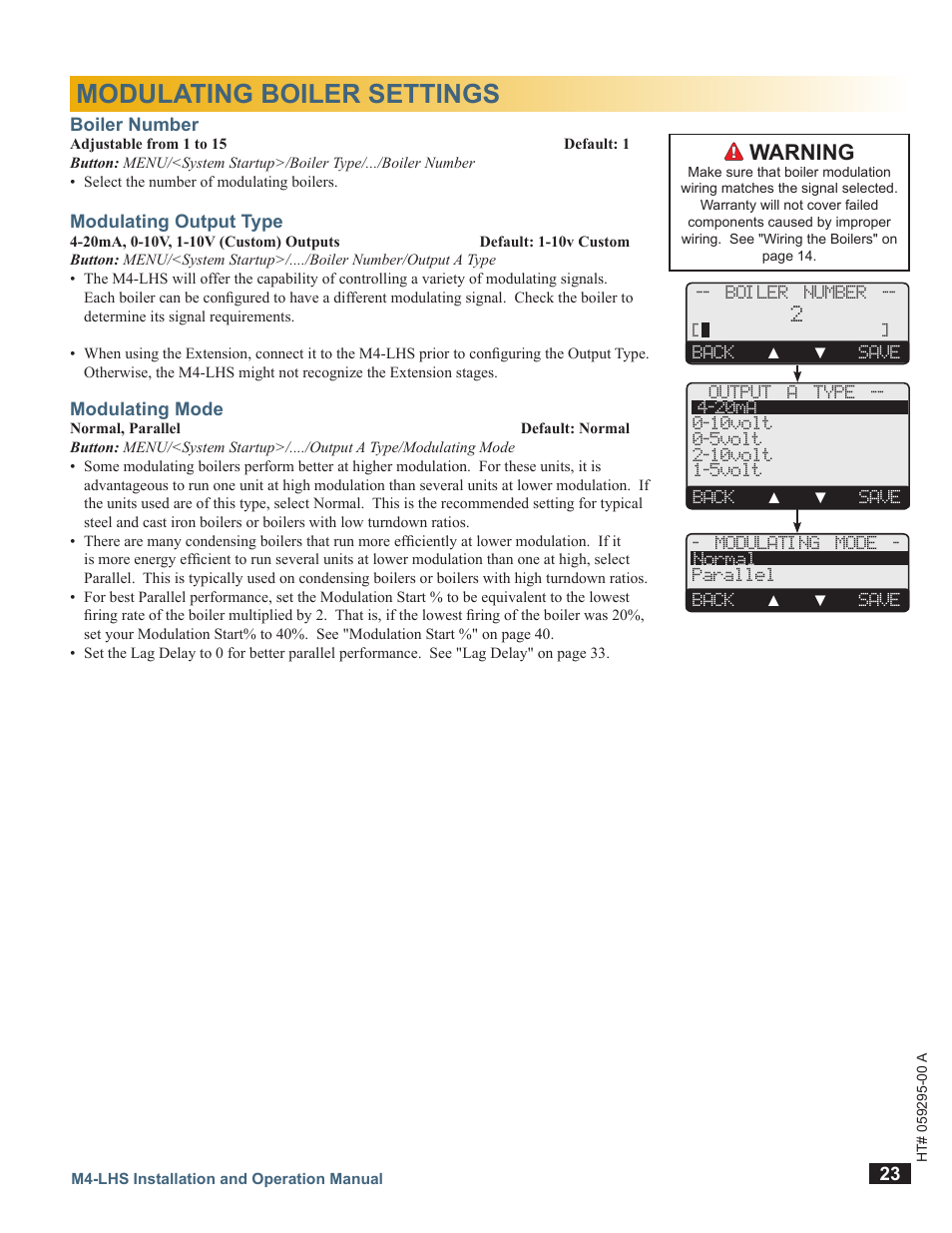 Modulating boiler settings, Boiler number, Modulating output type | Modulating mode, Warning | LAARS M4-LHS - Installation Manual User Manual | Page 23 / 55