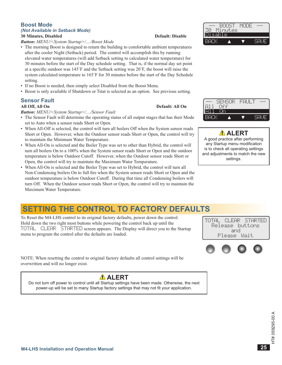 Boost mode, Sensor fault, Setting the control to factory defaults | Alert | LAARS M4-LHS - Installation Manual User Manual | Page 25 / 55