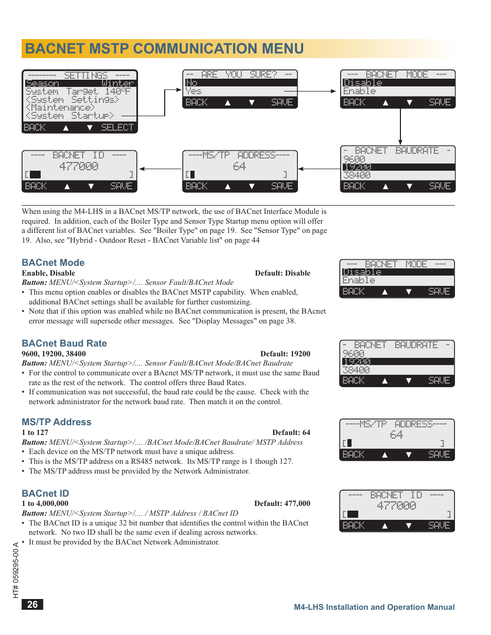 Bacnet mstp communication menu, Bacnet mode, Bacnet baud rate | Ms/tp address, Bacnet id | LAARS M4-LHS - Installation Manual User Manual | Page 26 / 55