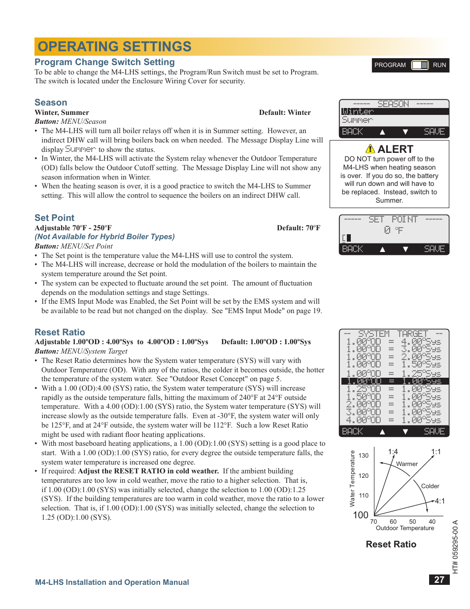 Operating settings, Program change switch setting, Season | Set point, Reset ratio, M4-lhs, Alert, A b c d, Hybrid control season | LAARS M4-LHS - Installation Manual User Manual | Page 27 / 55