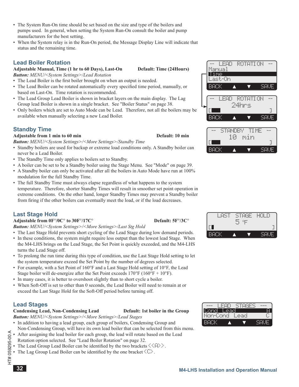 Lead boiler rotation, Standby time, Last stage hold | Lead stages | LAARS M4-LHS - Installation Manual User Manual | Page 32 / 55