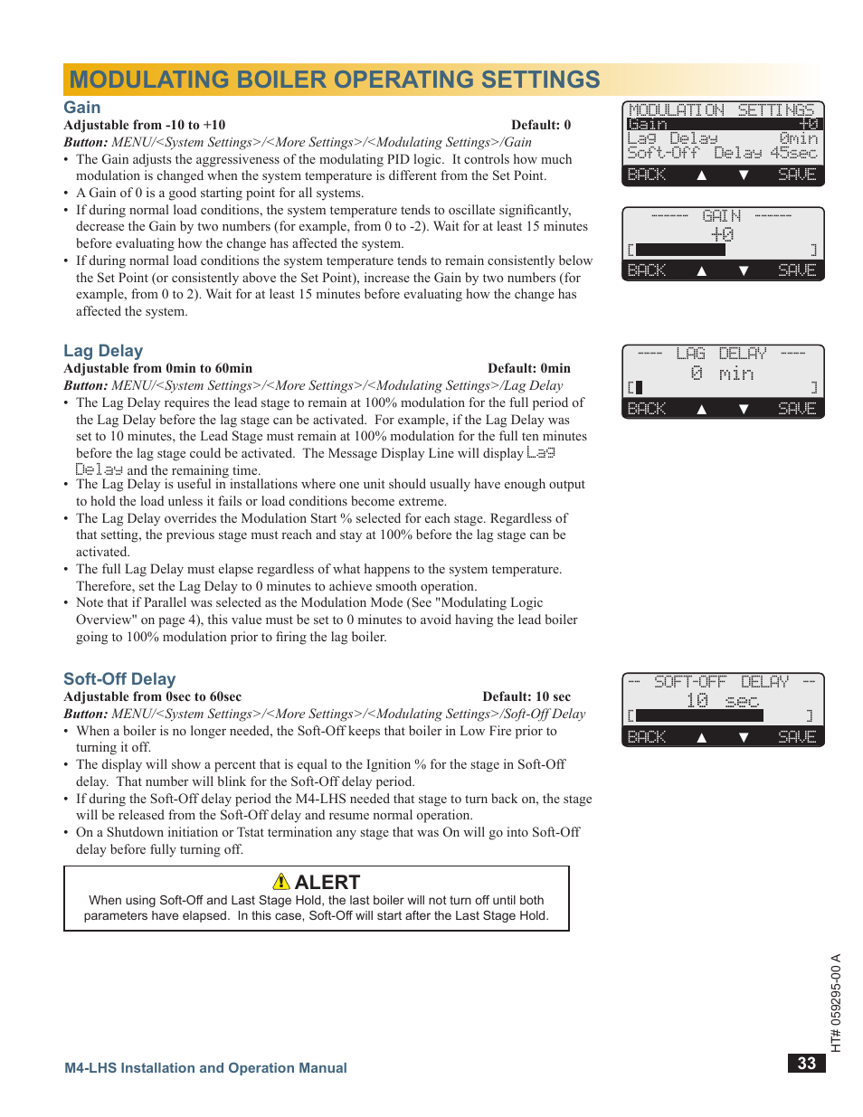 Modulating boiler operating settings, Gain, Lag delay | Soft-off delay, Alert | LAARS M4-LHS - Installation Manual User Manual | Page 33 / 55