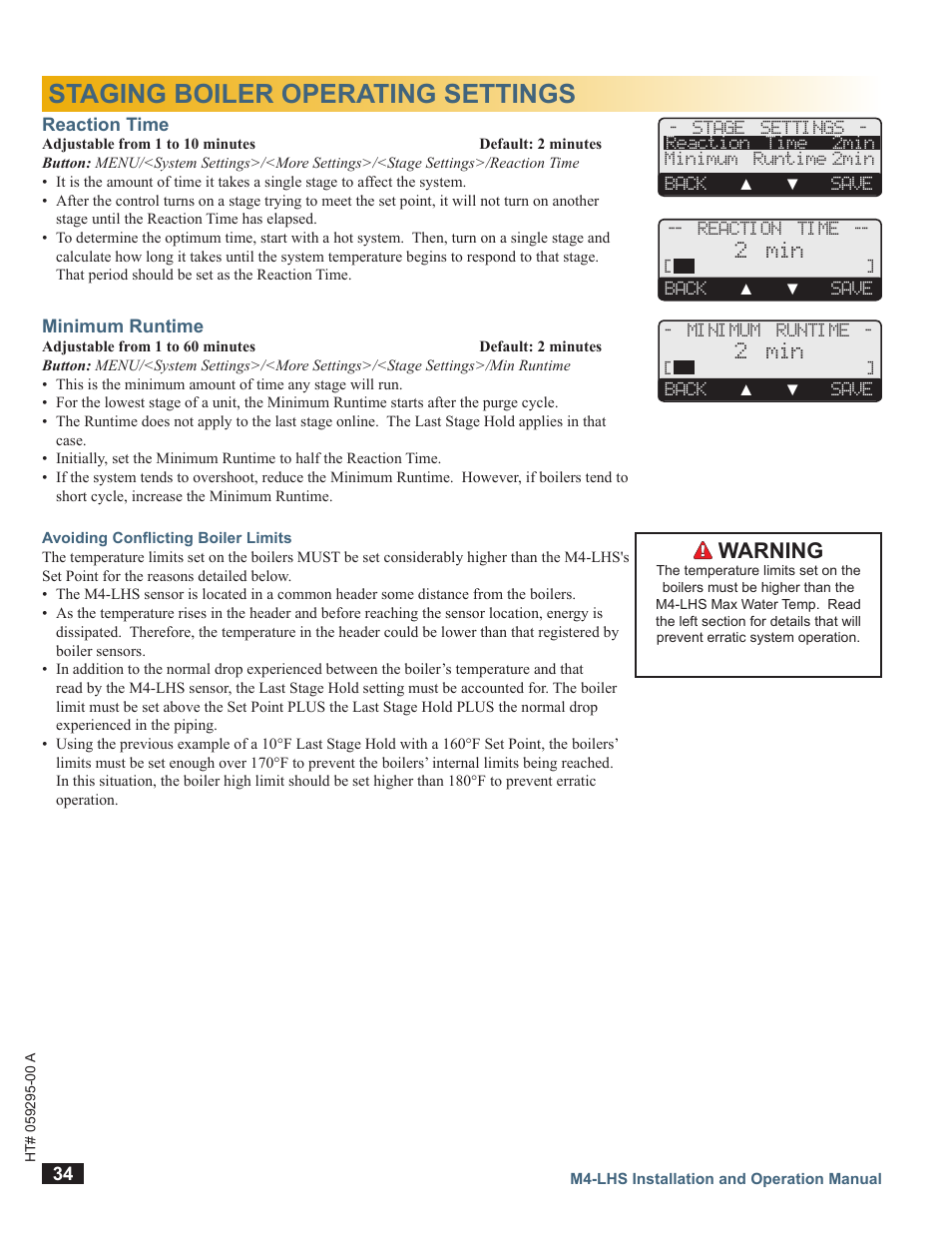 Staging boiler operating settings, Reaction time, Minimum runtime | Warning | LAARS M4-LHS - Installation Manual User Manual | Page 34 / 55