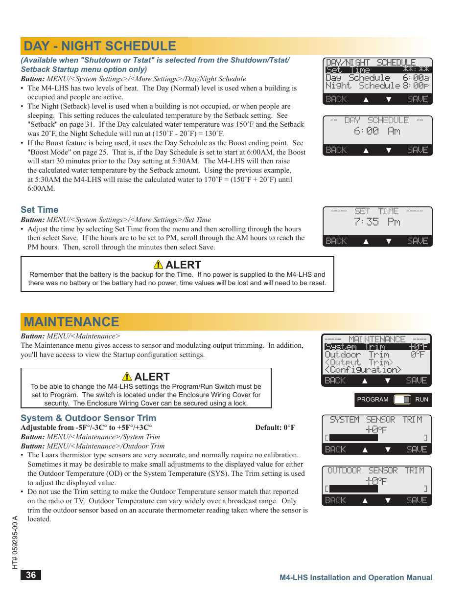 Day - night schedule, Set time, Maintenance | System & outdoor sensor trim, M4-lhs, Alert, A b c d, 00 am, 35 pm, Hybrid control system & outdoor sensor trim | LAARS M4-LHS - Installation Manual User Manual | Page 36 / 55