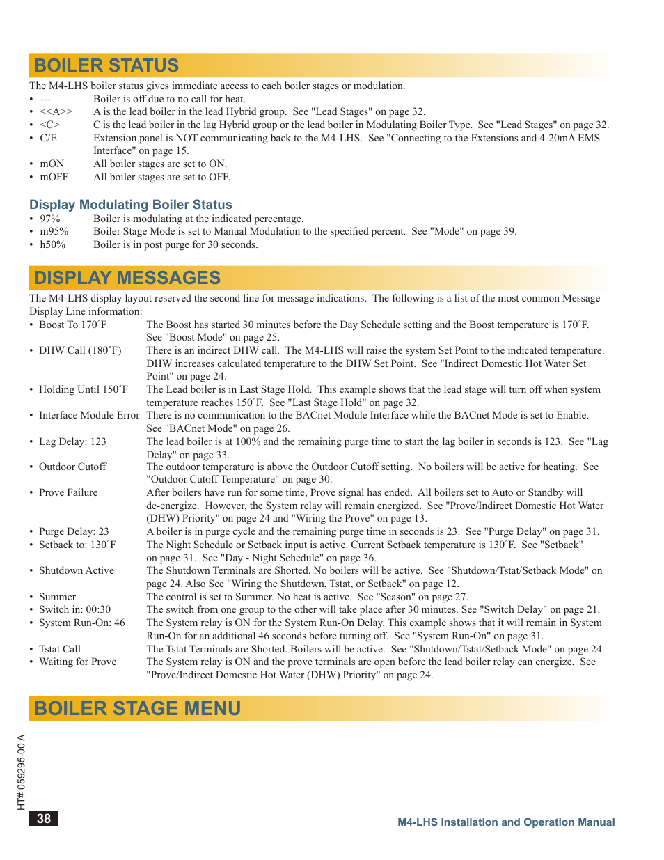 Boiler status, Display modulating boiler status, Display messages | Boiler stage menu | LAARS M4-LHS - Installation Manual User Manual | Page 38 / 55