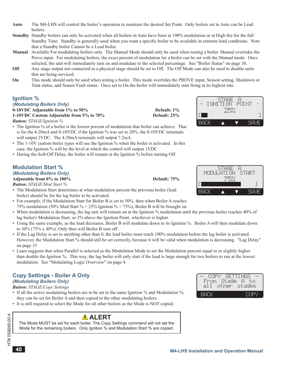 Ignition, Modulation start, Copy settings - boiler a only | Alert | LAARS M4-LHS - Installation Manual User Manual | Page 40 / 55