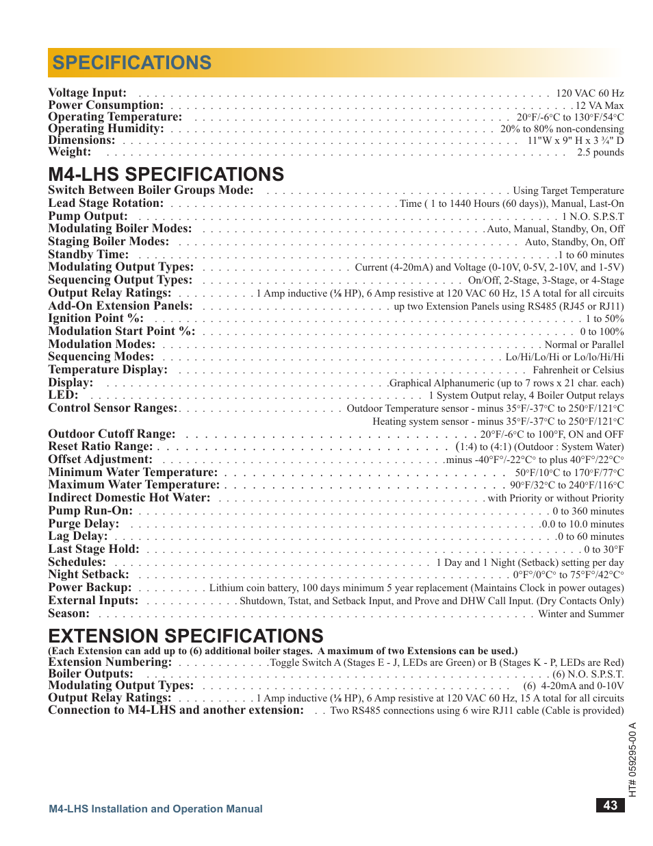 Specifications, M4-lhs specifications, Extension specifications | LAARS M4-LHS - Installation Manual User Manual | Page 43 / 55