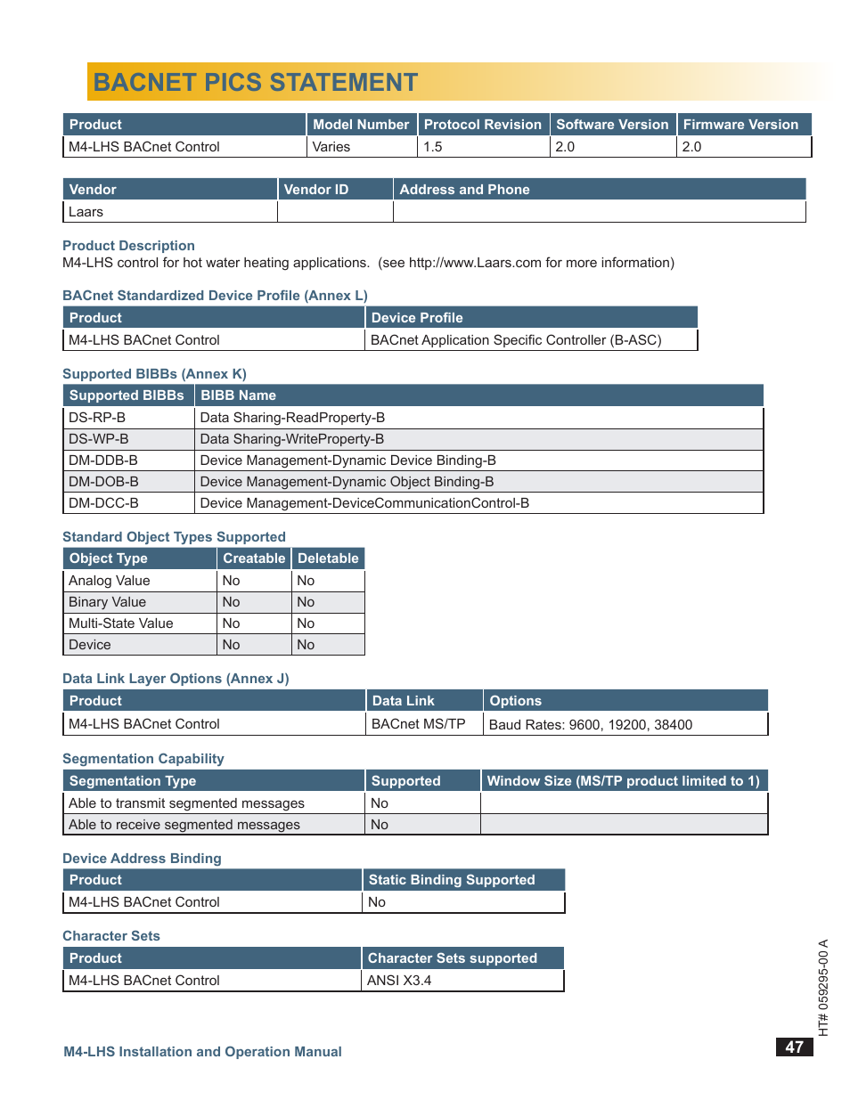 Bacnet pics statement | LAARS M4-LHS - Installation Manual User Manual | Page 47 / 55
