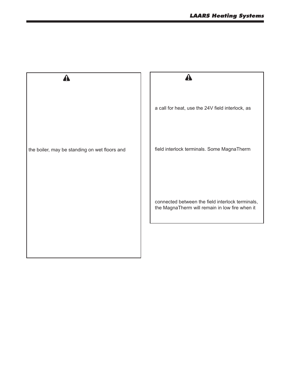 Section 8. electrical connections, 1 installation warnings, 2 main power connections | LAARS MagnaTherm MGV - Installation, Operation and Maintenance Instructions User Manual | Page 32 / 104