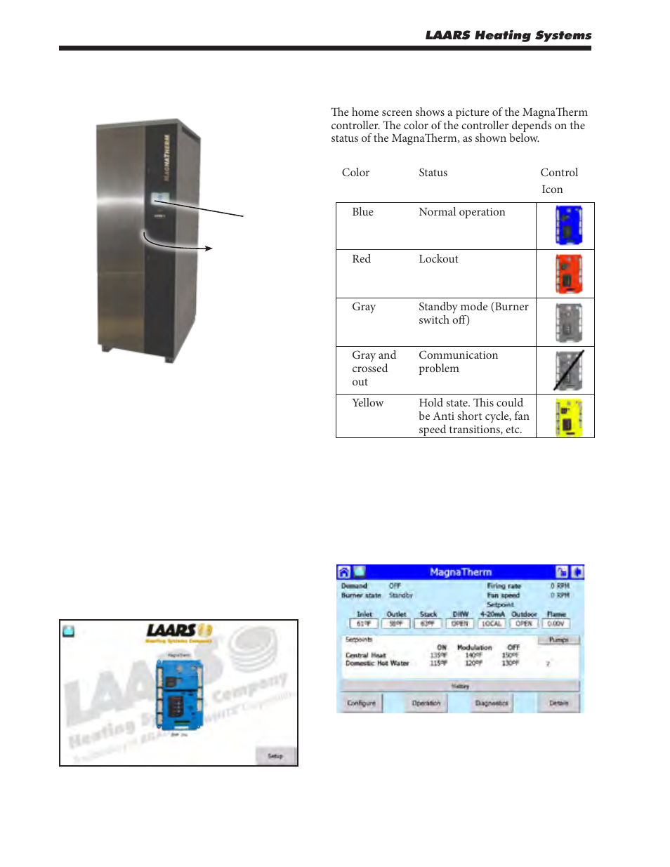 Section 9. navigating the touch screen, 1 the touch screen, 2 using the touch screen | Boiler status colors | LAARS MagnaTherm MGV - Installation, Operation and Maintenance Instructions User Manual | Page 44 / 104