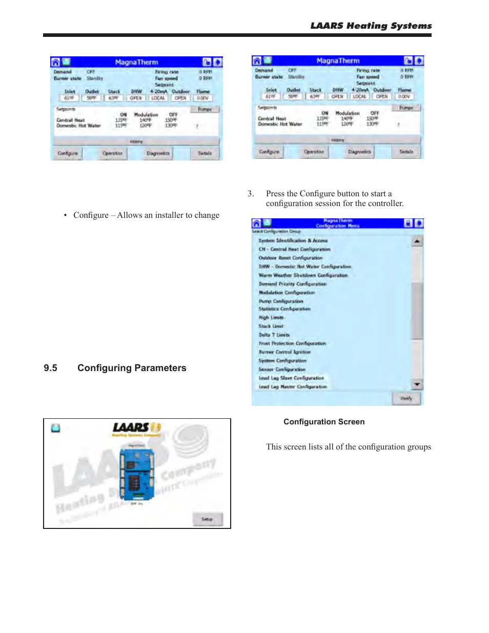5 configuring parameters, Configuration screen | LAARS MagnaTherm MGV - Installation, Operation and Maintenance Instructions User Manual | Page 48 / 104