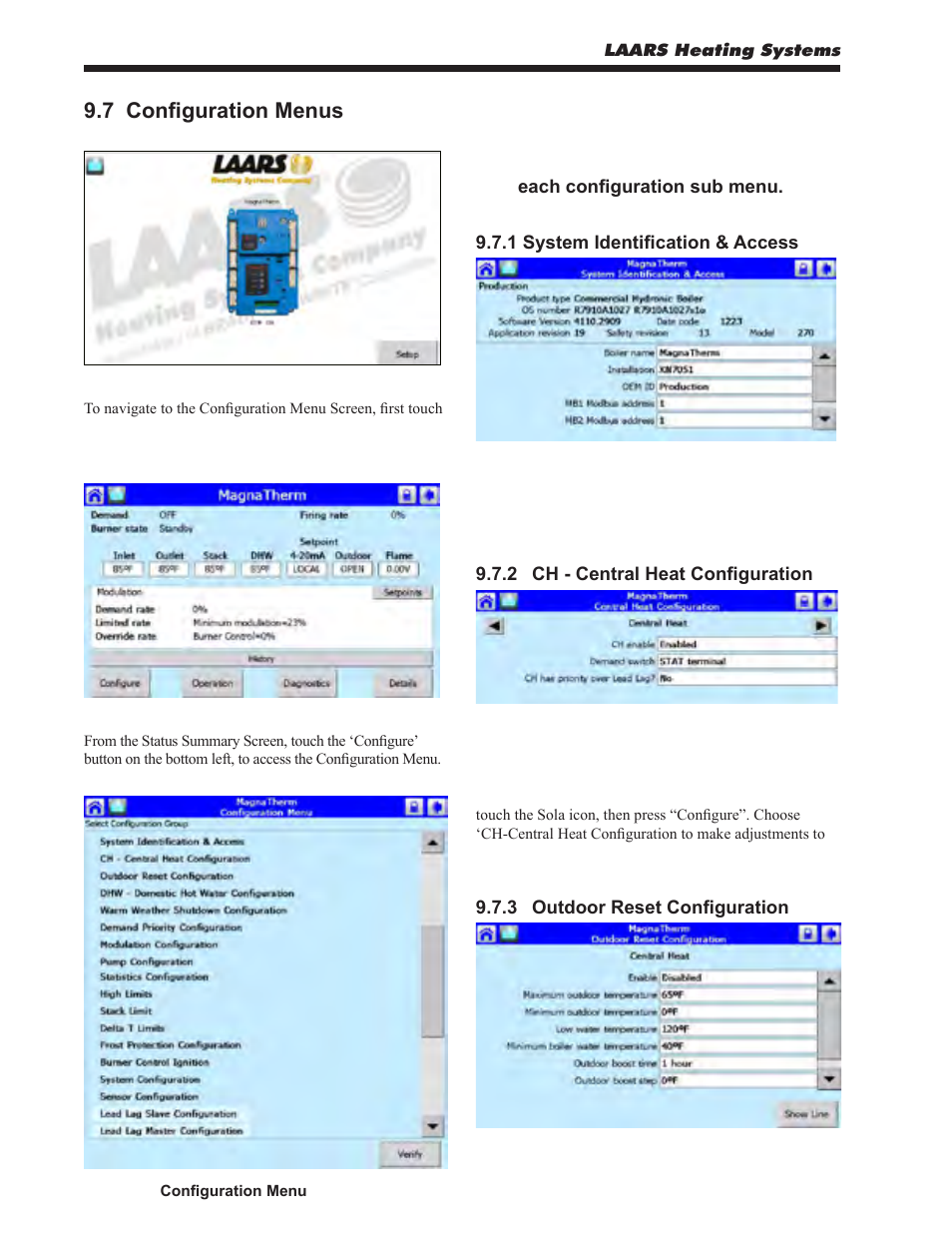 7 configuration menus, 1 system identification & access, 2 ch - central heat configuration | 3 outdoor reset configuration | LAARS MagnaTherm MGV - Installation, Operation and Maintenance Instructions User Manual | Page 50 / 104