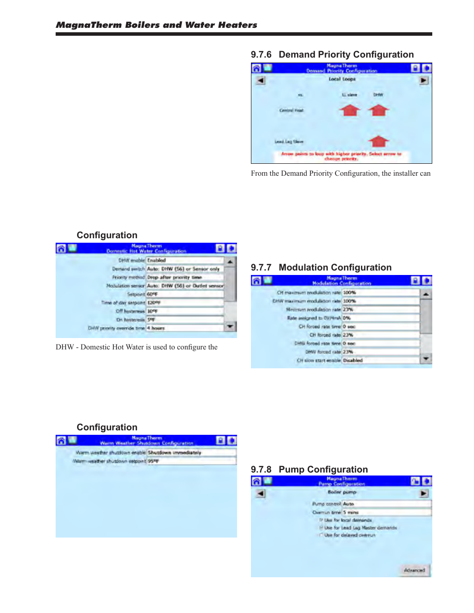 4 dhw - domestic hot waterconfiguration, 5 warm weather shutdownconfiguration, 6 demand priority configuration | 7 modulation configuration, 8 pump configuration | LAARS MagnaTherm MGV - Installation, Operation and Maintenance Instructions User Manual | Page 51 / 104