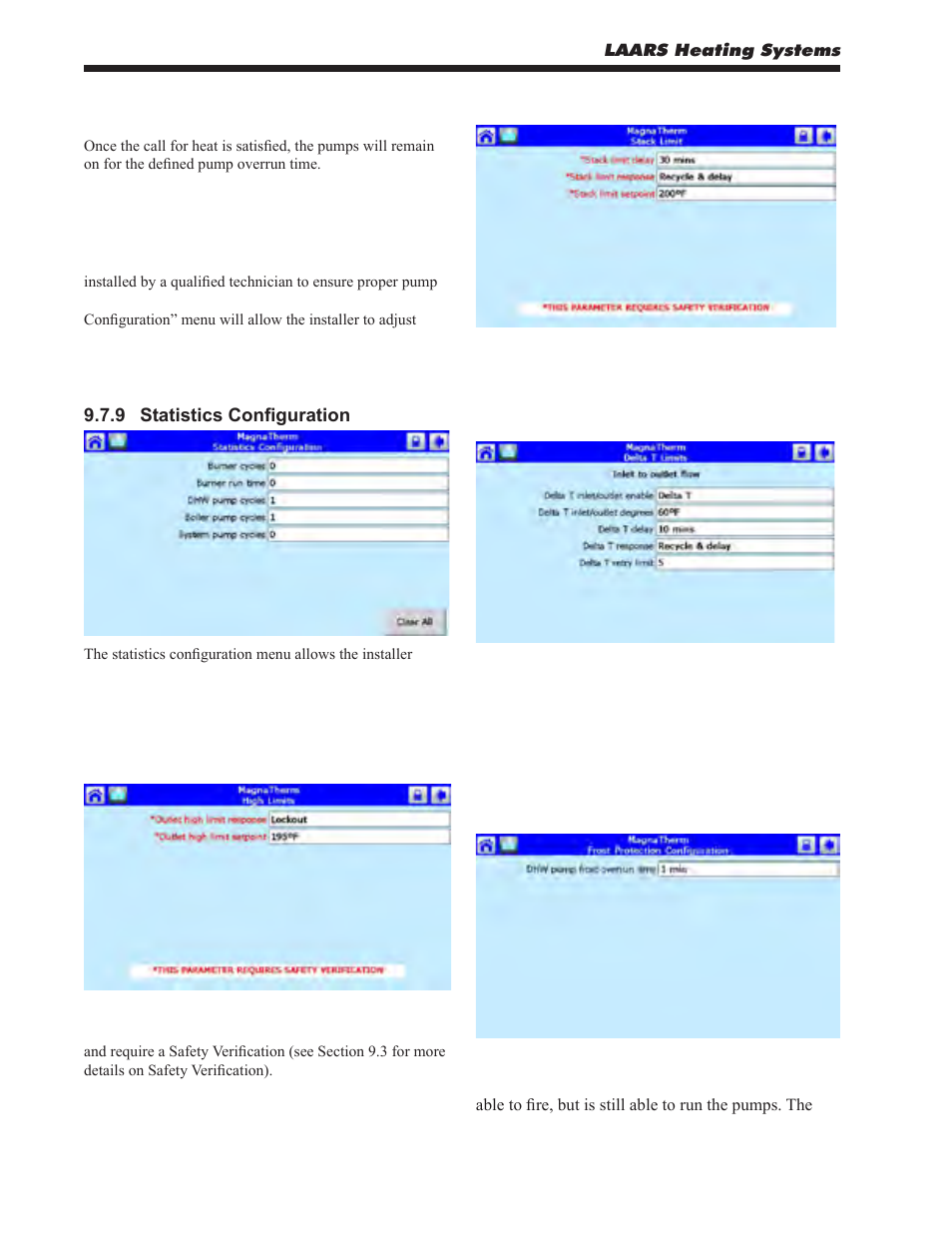 9 statistics configuration, 10 high limits, 11 stack limits | 12 delta t limits, 13 frost protection | LAARS MagnaTherm MGV - Installation, Operation and Maintenance Instructions User Manual | Page 52 / 104