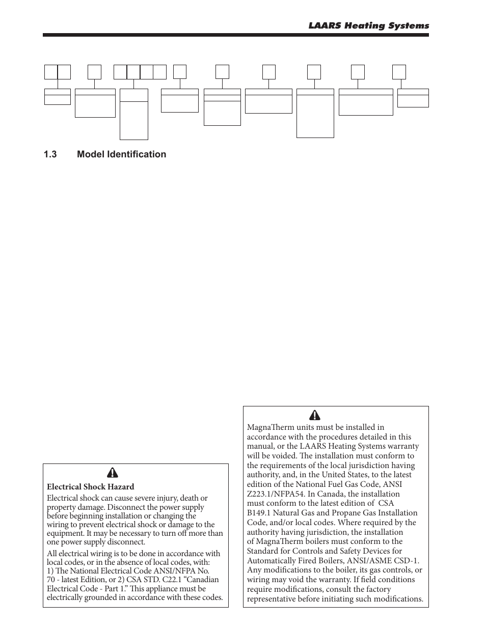 3 model identification, 4 warranty, Model nomenclature | Laars heating systems | LAARS MagnaTherm MGV - Installation, Operation and Maintenance Instructions User Manual | Page 6 / 104