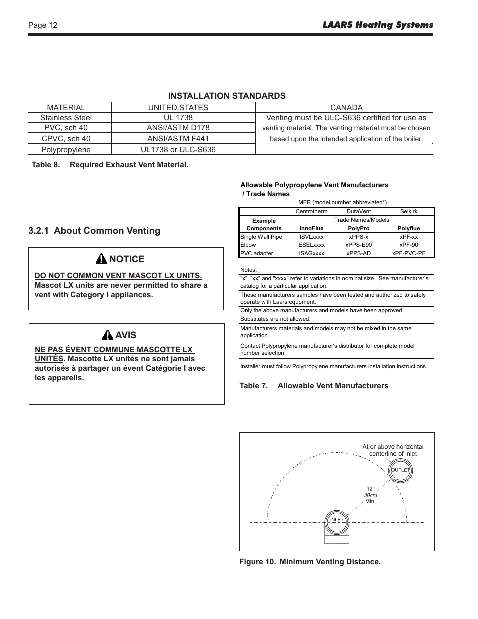 Notice, Avis, 1 about common venting | Laars heating systems, Installation standards | LAARS Mascot LX MLXC 175 MBH - Install and Operating Manual User Manual | Page 16 / 56