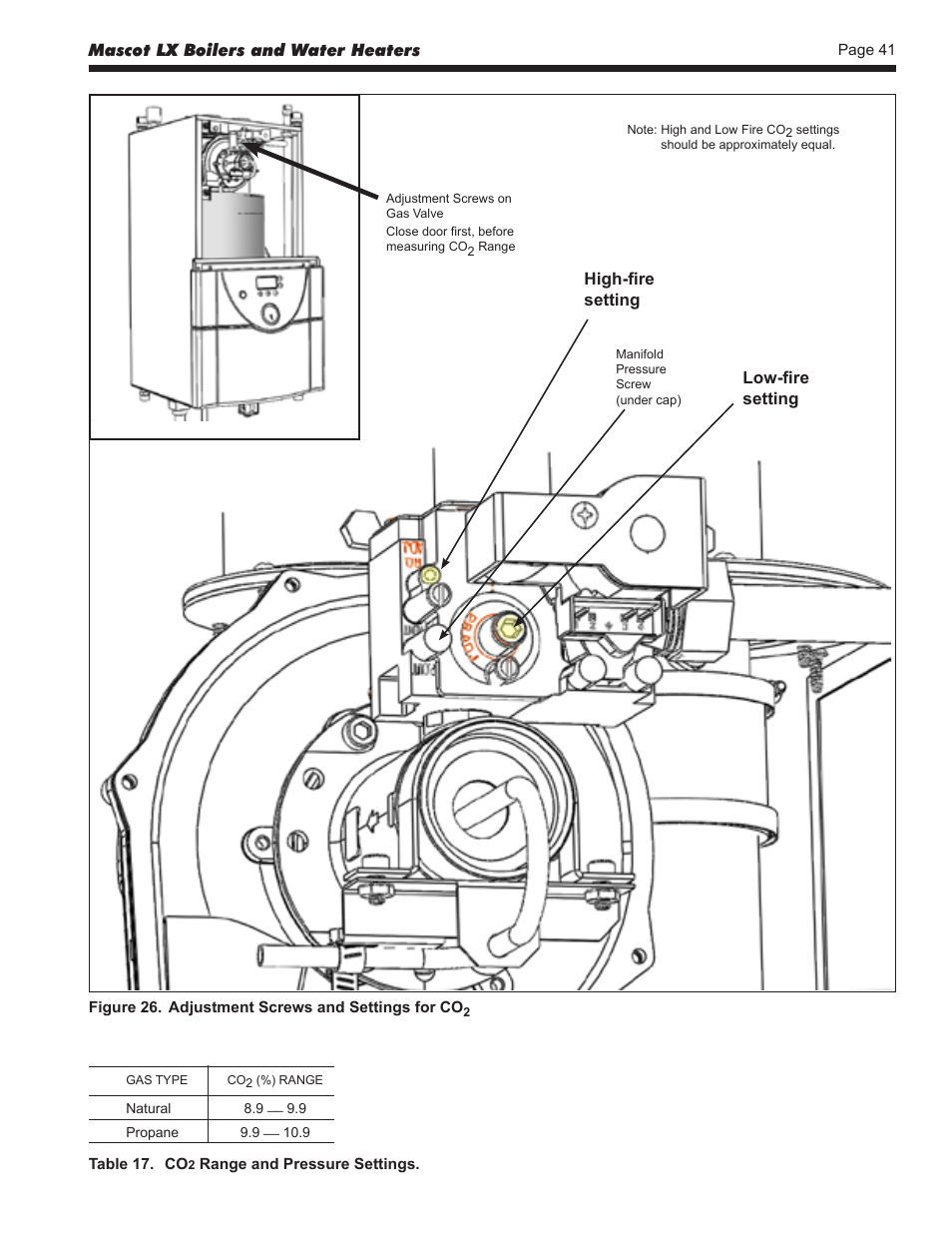 Mascot lx boilers and water heaters, High-fire setting, Low-fire setting | LAARS Mascot LX MLXC 175 MBH - Install and Operating Manual User Manual | Page 45 / 56