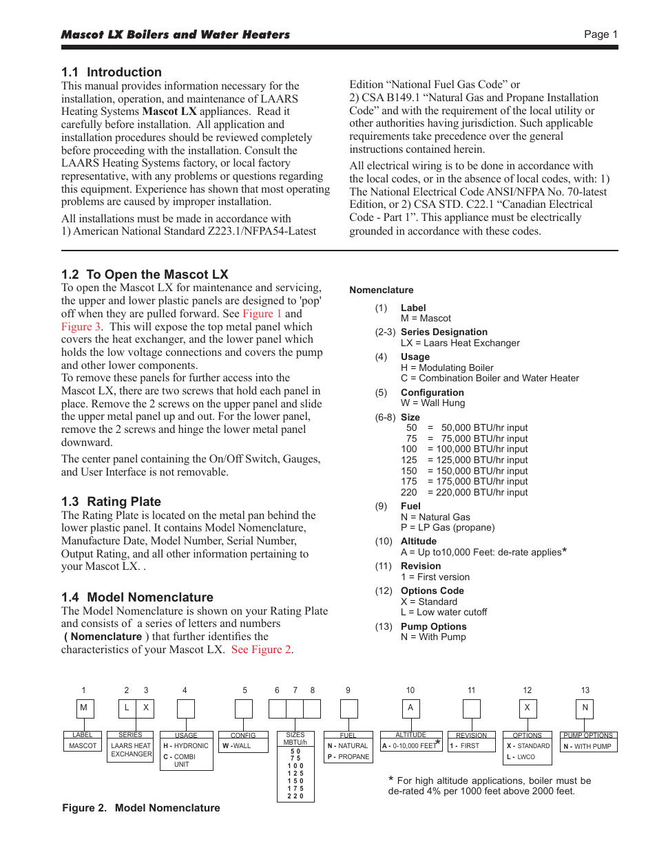 1 introduction, 3 rating plate, 2 to open the mascot lx | 4 model nomenclature | LAARS Mascot LX MLXC 175 MBH - Install and Operating Manual User Manual | Page 5 / 56