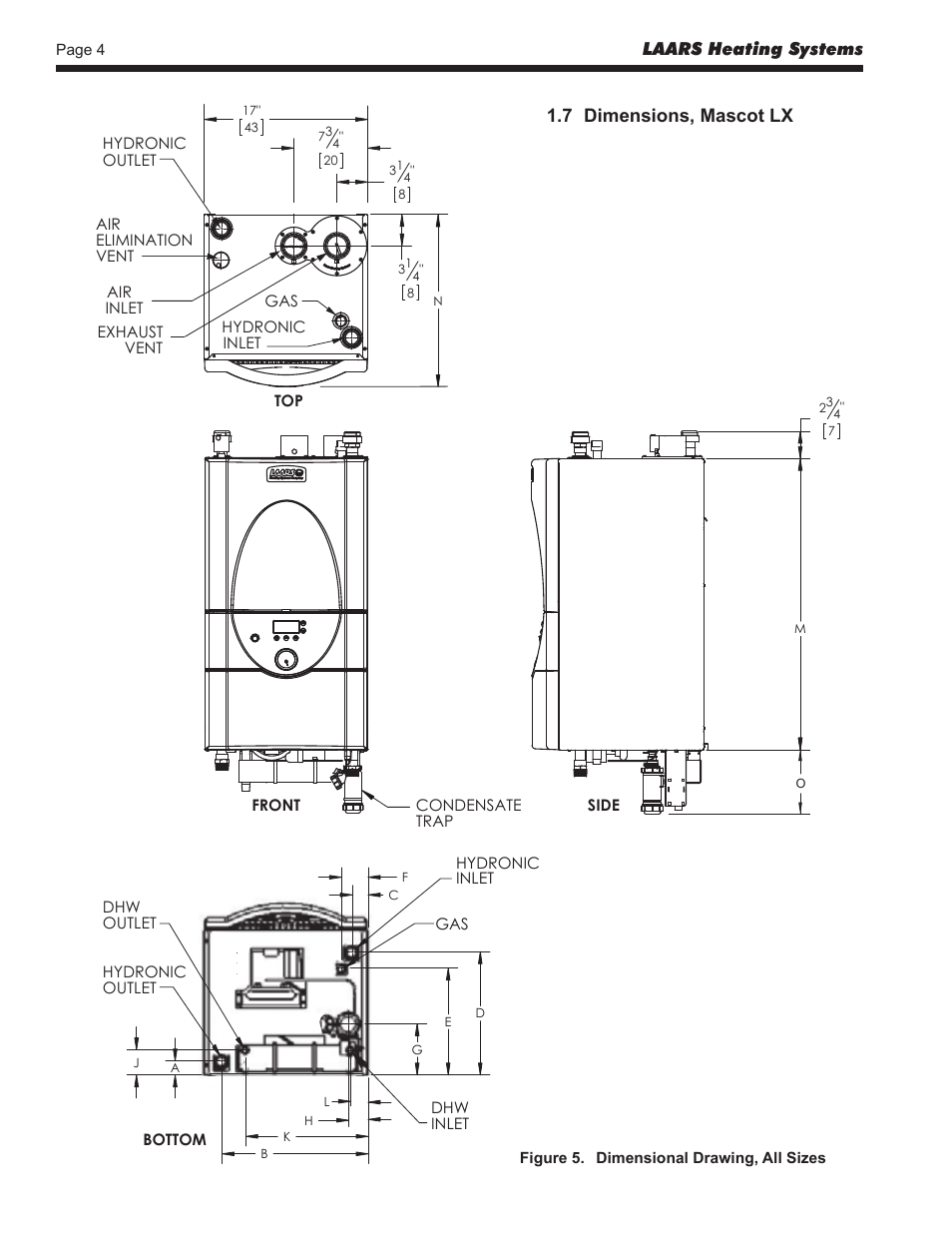 7 dimensions, mascot lx, Laars heating systems | LAARS Mascot LX MLXC 175 MBH - Install and Operating Manual User Manual | Page 8 / 56