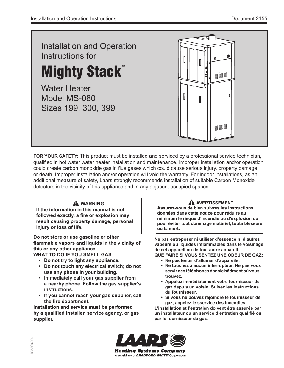 LAARS Mighty Stack MS-080 (Sizes 199, 300, 399) - Install and Operating Manual User Manual | 36 pages