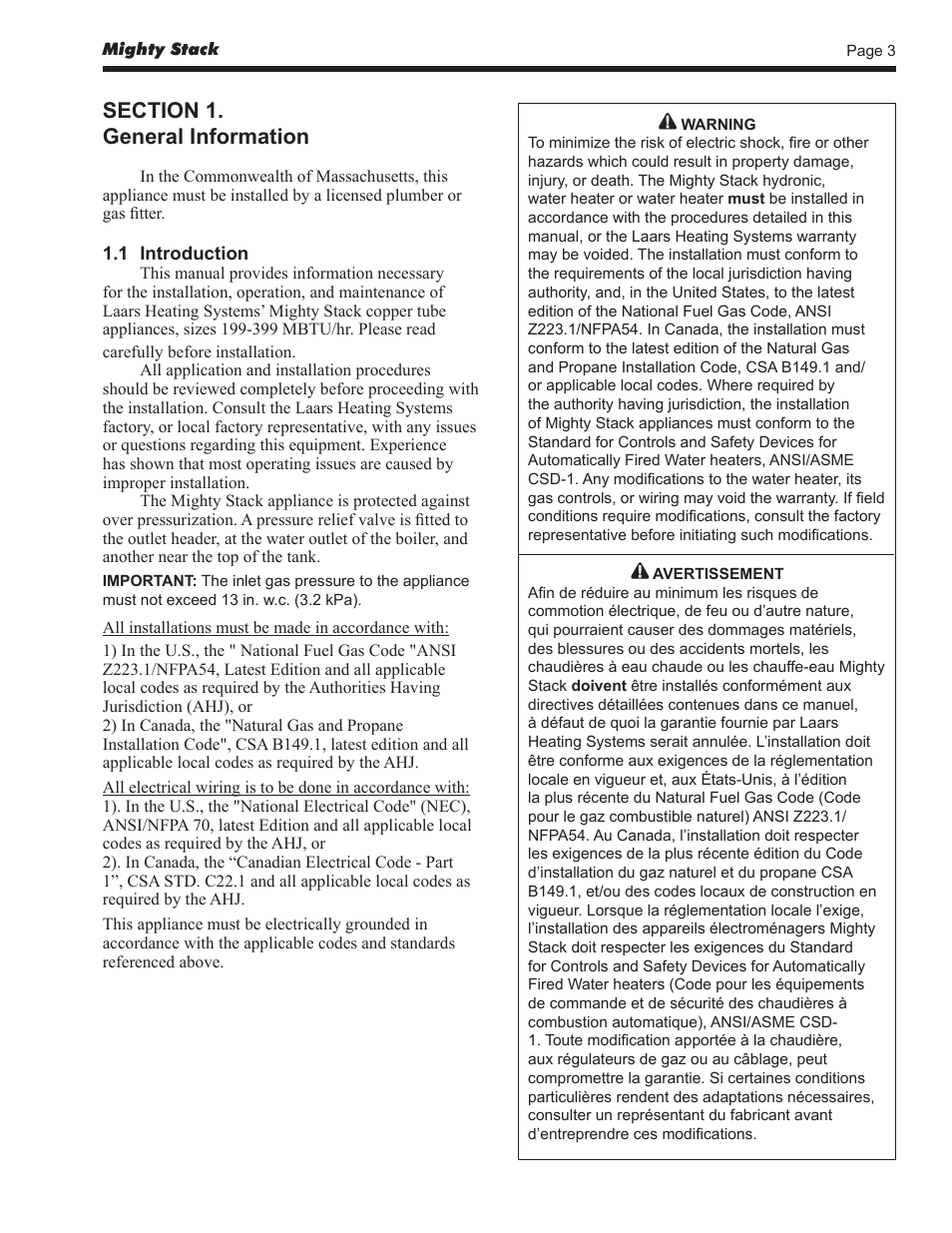 LAARS Mighty Stack MS-080 (Sizes 199, 300, 399) - Install and Operating Manual User Manual | Page 3 / 36