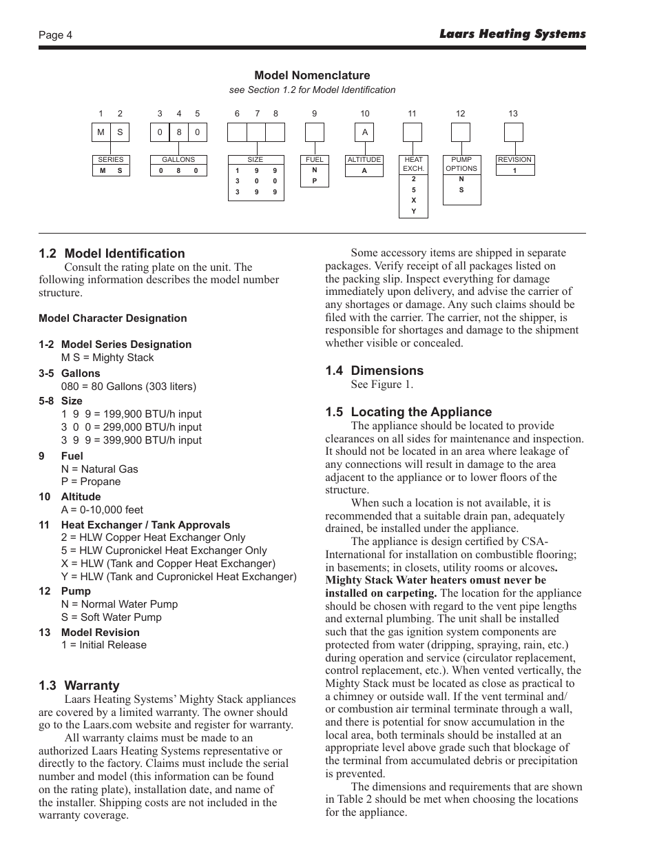 2 model identification, 3 warranty, 4 dimensions | 5 locating the appliance | LAARS Mighty Stack MS-080 (Sizes 199, 300, 399) - Install and Operating Manual User Manual | Page 4 / 36