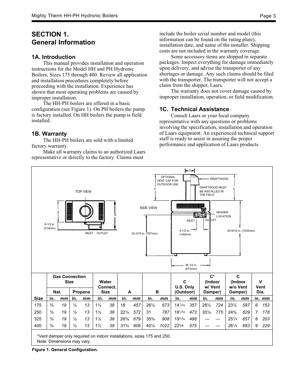 1c. technical assistance, 1a. introduction, 1b. warranty | LAARS Mighty Therm HH-PH (Sizes 175-400) - Installation, Operation and Maintenance Instructions User Manual | Page 3 / 28
