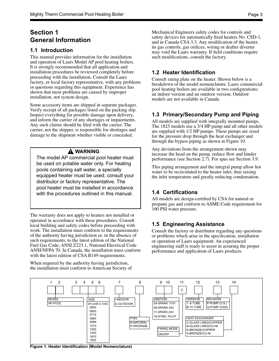1 introduction, 2 heater identiﬁ cation, 3 primary/secondary pump and piping | 4 certiﬁ cations, 5 engineering assistance | LAARS Mighty Therm AP (Sizes 500-1825) - Installation, Operation and Maintenance Instructions User Manual | Page 3 / 28