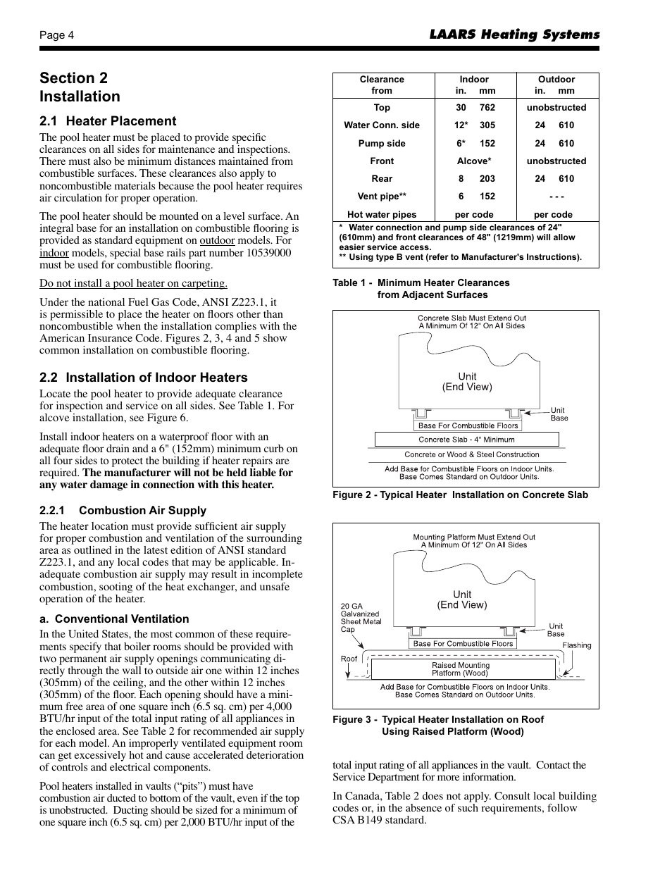 1 heater placement, 2 installation of indoor heaters | LAARS Mighty Therm AP (Sizes 500-1825) - Installation, Operation and Maintenance Instructions User Manual | Page 4 / 28