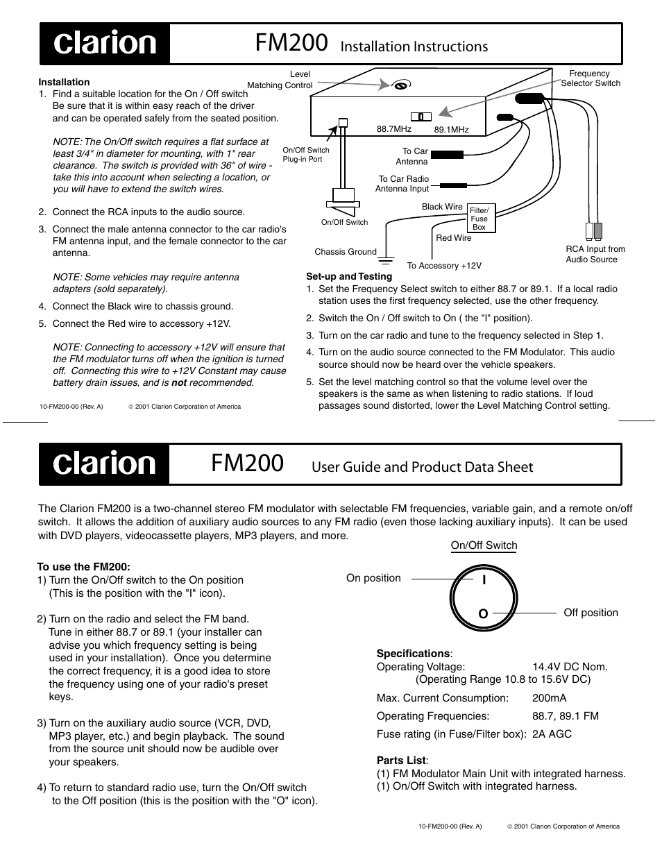 Clarion FM200 User Manual | 1 page