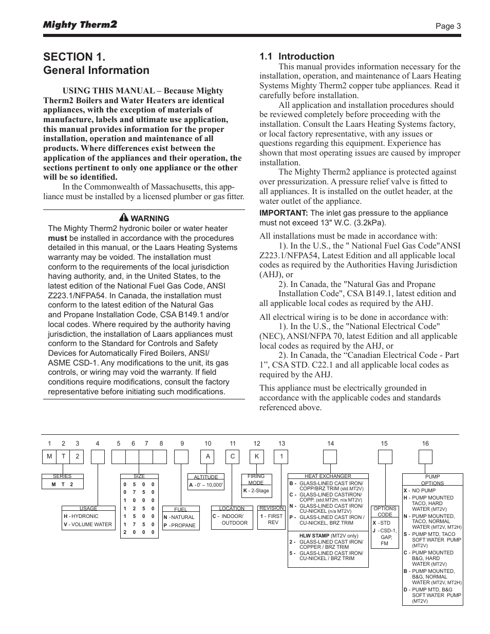 1 introduction, Mighty therm | LAARS Mighty Therm2 MT2V (Sizes 500–2000 MBTU/h) - Install and Operating Manual User Manual | Page 3 / 40