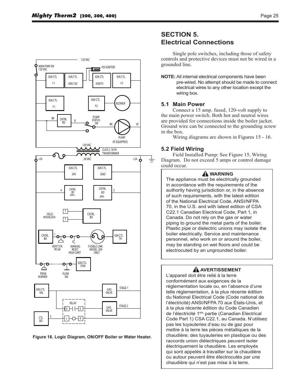 Mighty therm, 1 main power, 2 field wiring | Page 25 | LAARS Mighty Therm2 MT2V (Sizes 200, 300, 400) - Install and Operating Manual User Manual | Page 25 / 42
