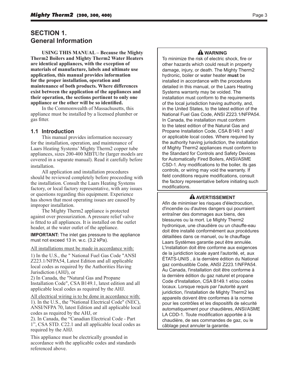 LAARS Mighty Therm2 MT2V (Sizes 200, 300, 400) - Install and Operating Manual User Manual | Page 3 / 42