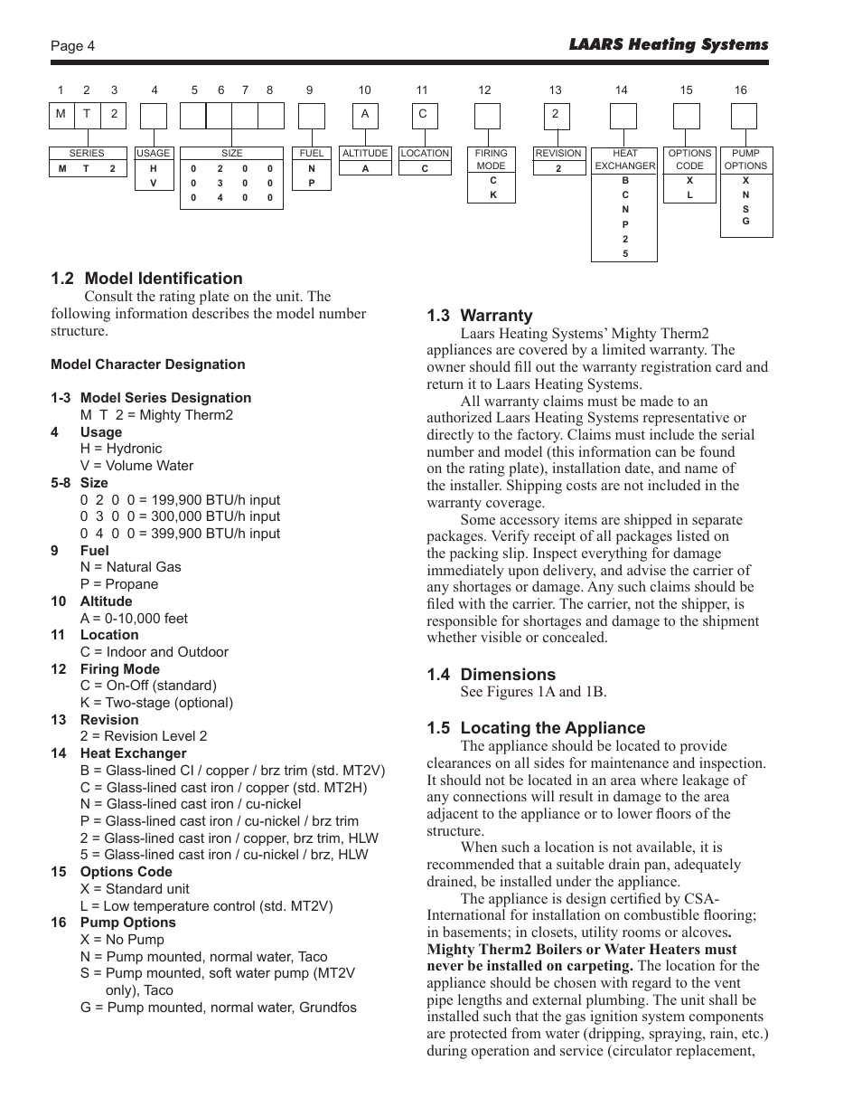 2 model identification, 3 warranty, 4 dimensions | 5 locating the appliance | LAARS Mighty Therm2 MT2V (Sizes 200, 300, 400) - Install and Operating Manual User Manual | Page 4 / 42