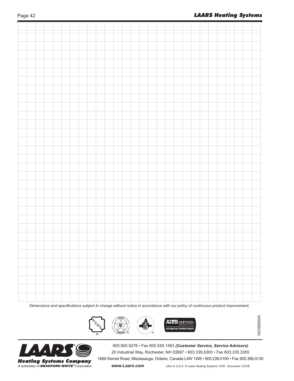 Laars heating systems | LAARS Mighty Therm2 MT2V (Sizes 200, 300, 400) - Install and Operating Manual User Manual | Page 42 / 42