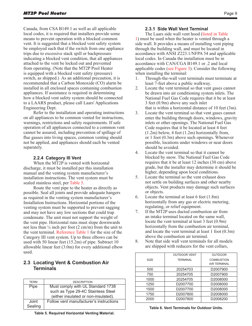 LAARS Mighty Therm2 MT2P (Sizes 500–2000 MBTU/h) - Install and Operating Manual User Manual | Page 9 / 32