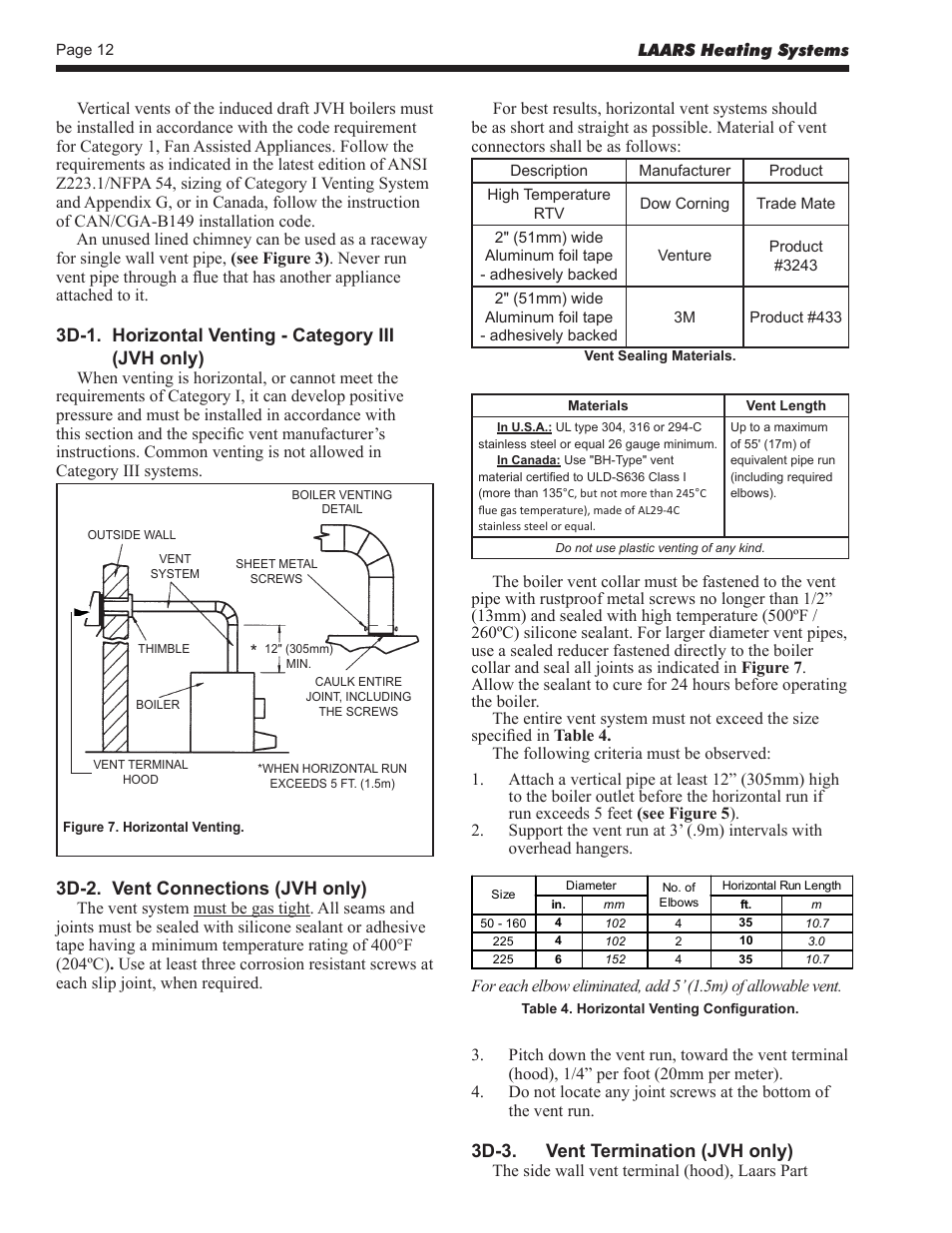 3d-1. horizontal venting - category iii (jvh only), 3d-2. vent connections (jvh only), 3d-3. vent termination (jvh only) | LAARS Mini-Therm JVS (Sizes 50-225) - Install and Operating Manual User Manual | Page 12 / 40