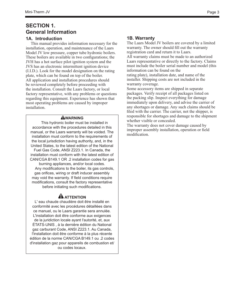 LAARS Mini-Therm JVS (Sizes 50-225) - Install and Operating Manual User Manual | Page 3 / 40